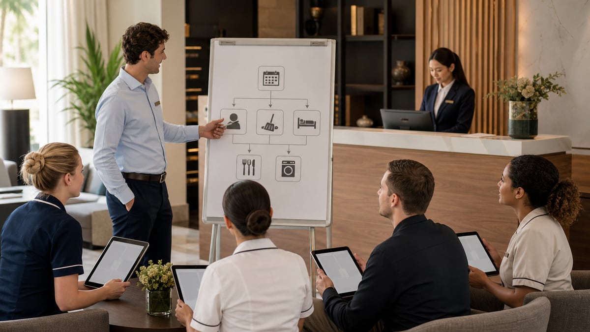 Hotelteam lernt ein neues Technologiesystem an der Rezeption