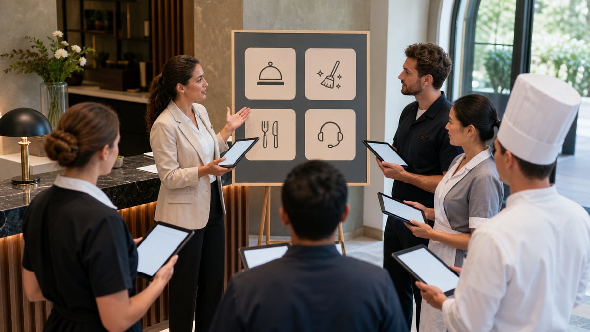 Equipo de hotel aprendiendo un nuevo sistema tecnologico en la recepcion
