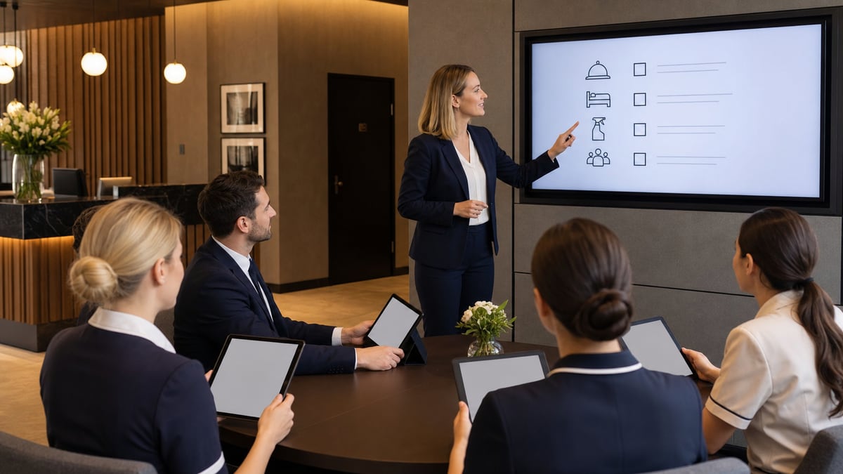 Zespół hotelowy uczący się nowego systemu technologicznego przy recepcji