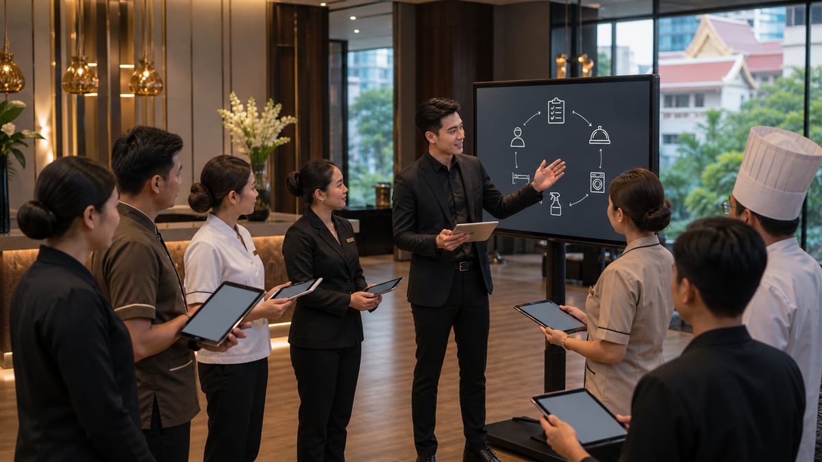 ทีมโรงแรมกำลังเรียนรู้ระบบเทคโนโลยีใหม่ที่เคาน์เตอร์ต้อนรับ