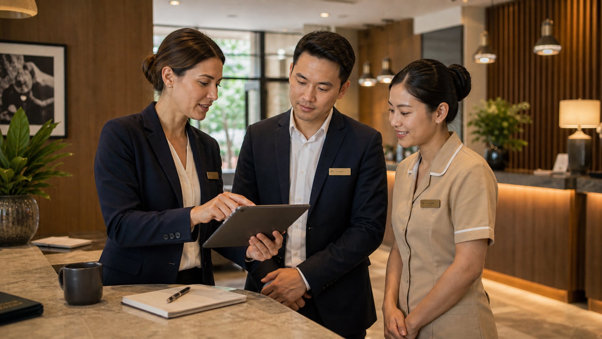 Hotelteam lernt ein neues Technologiesystem an der Rezeption