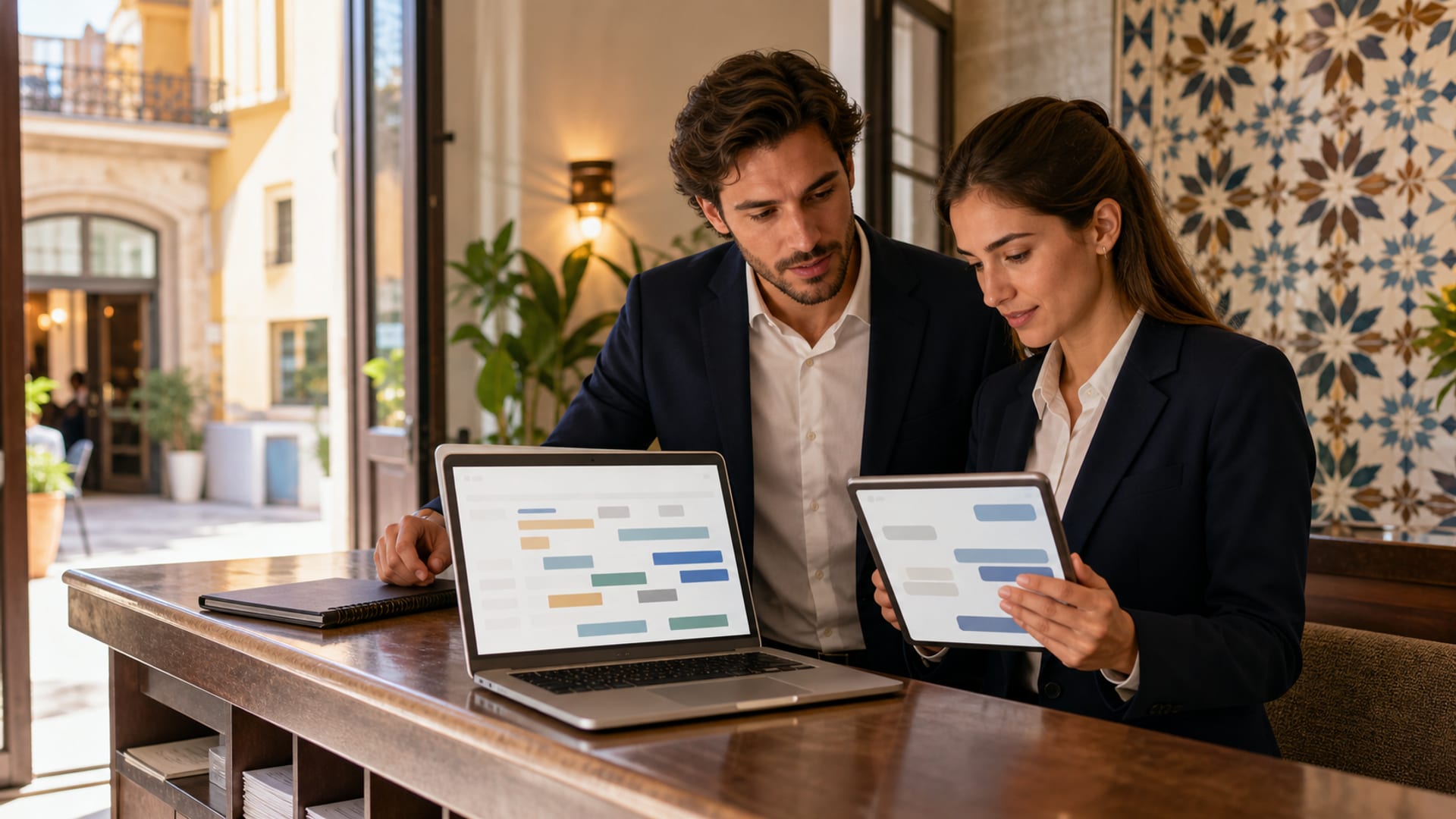 Panel de gestión hotelera con vista de sistemas PMS y comunicación integrados