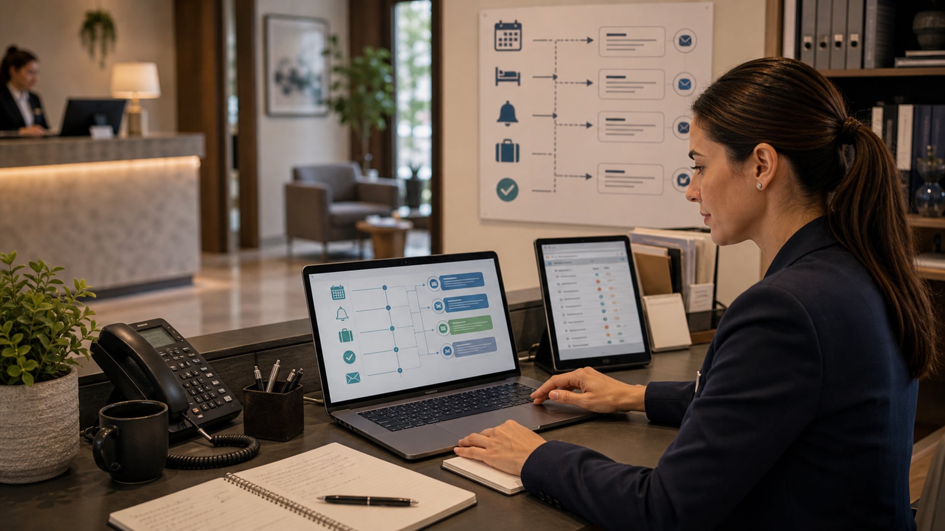 Hotel management dashboard showing integrated PMS and communication systems