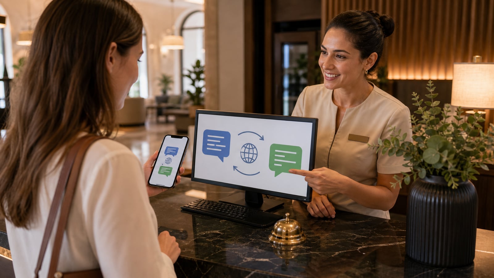 Gast-Chatnachricht übersetzt zwischen Thai, Spanisch und Englisch auf einem Smartphone und einem Hotel-Mitarbeiter-Dashboard