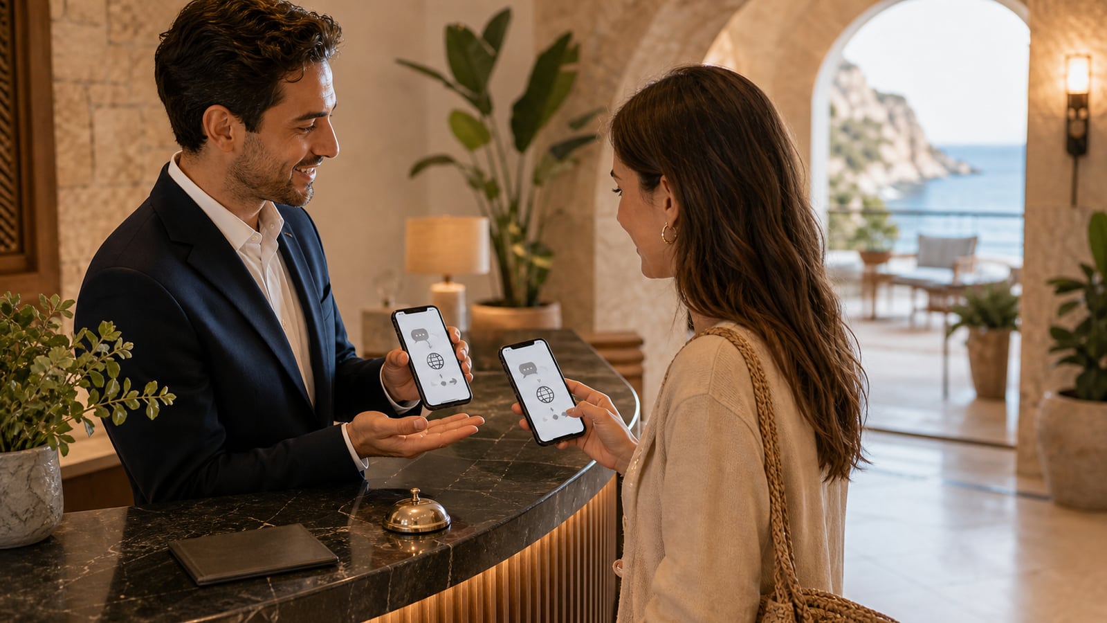 Mensaje de chat de un huésped traducido entre tailandés, español e inglés en un teléfono y en el panel del personal del hotel