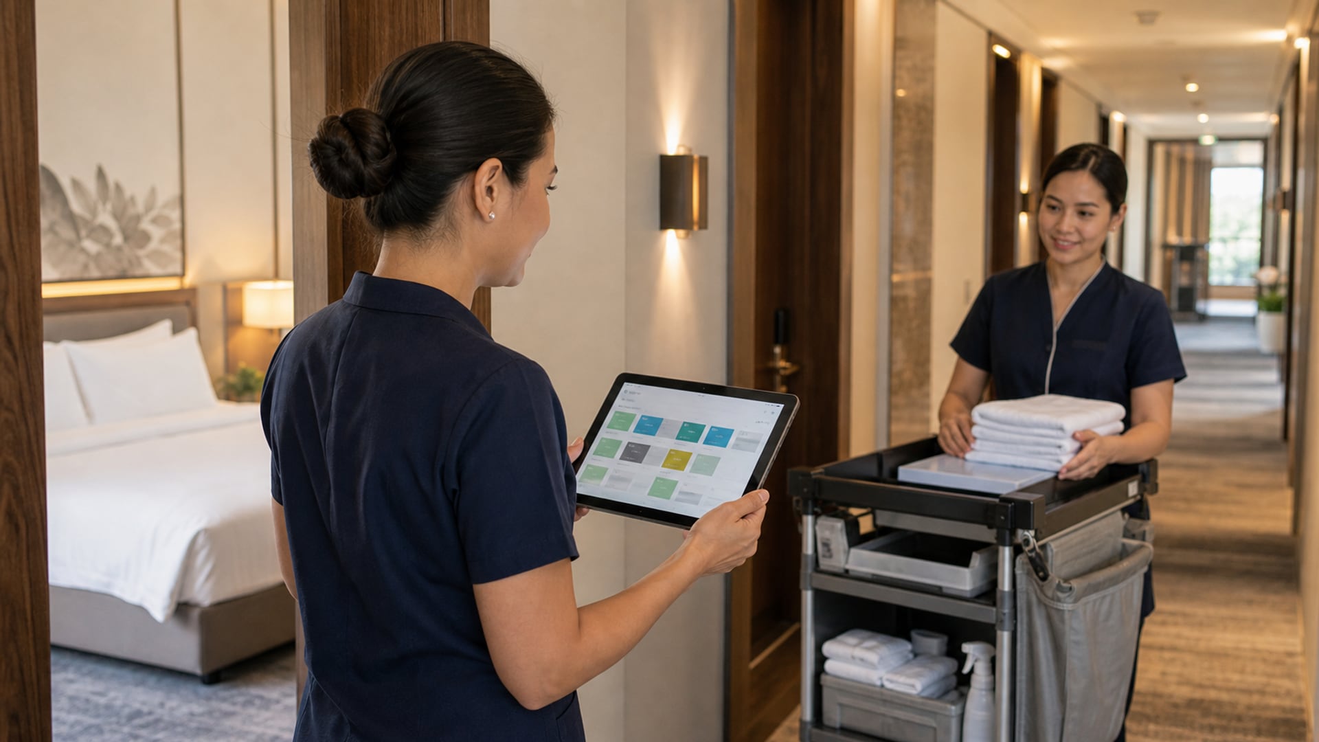 Pokojowa sprawdzająca status pokoju na tablecie w hotelu boutique