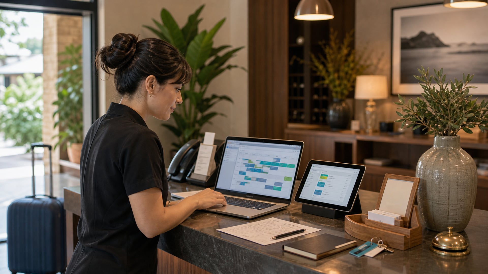 Hotelbetreiber vergleicht PMS-Plattformen am Schreibtisch in einem Boutique-Hotel