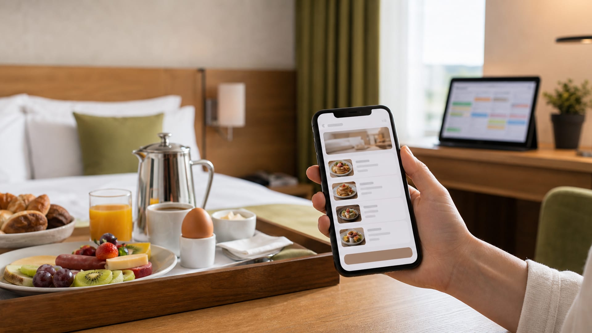 Digitales Room-Service-Menü auf dem Smartphone eines Hotelgastes