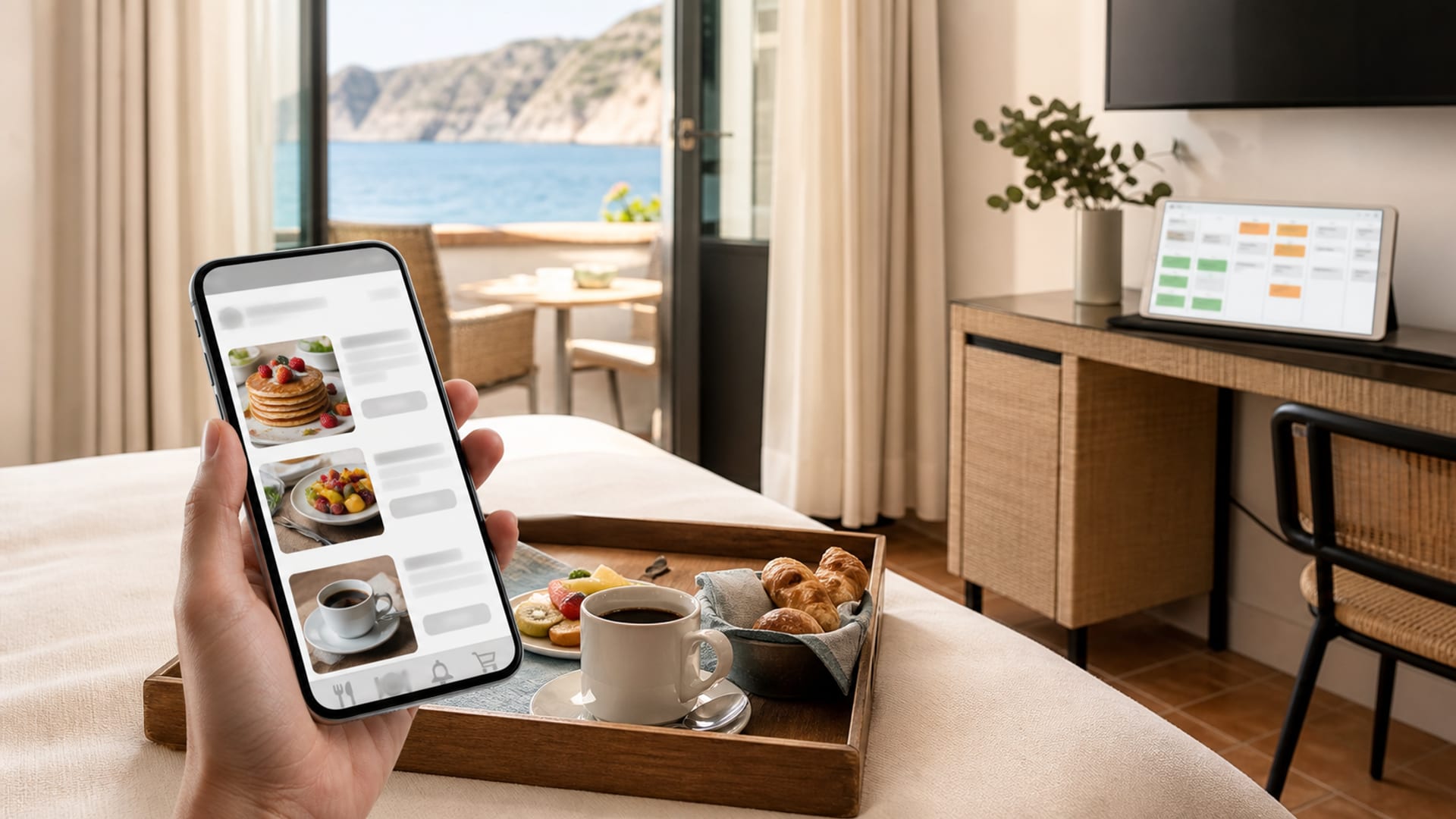 Menú digital de room service mostrado en el teléfono de un huésped de hotel