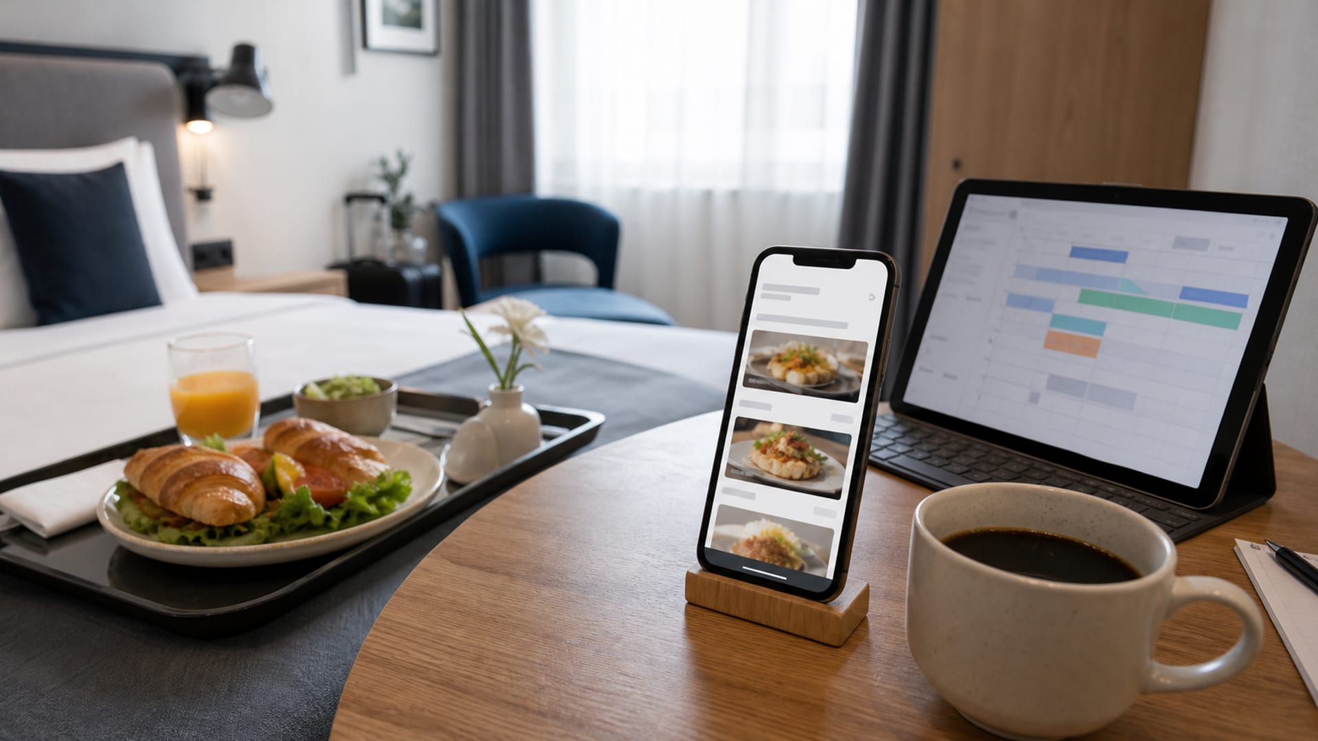 Cyfrowe menu room service wyświetlone na telefonie gościa hotelowego