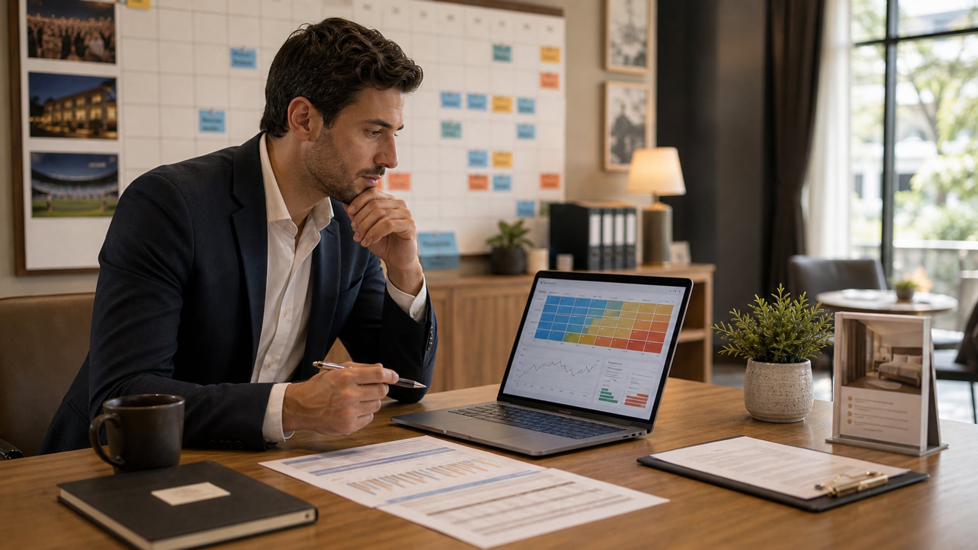 Hotel staff reviewing room pricing on a laptop at the front desk