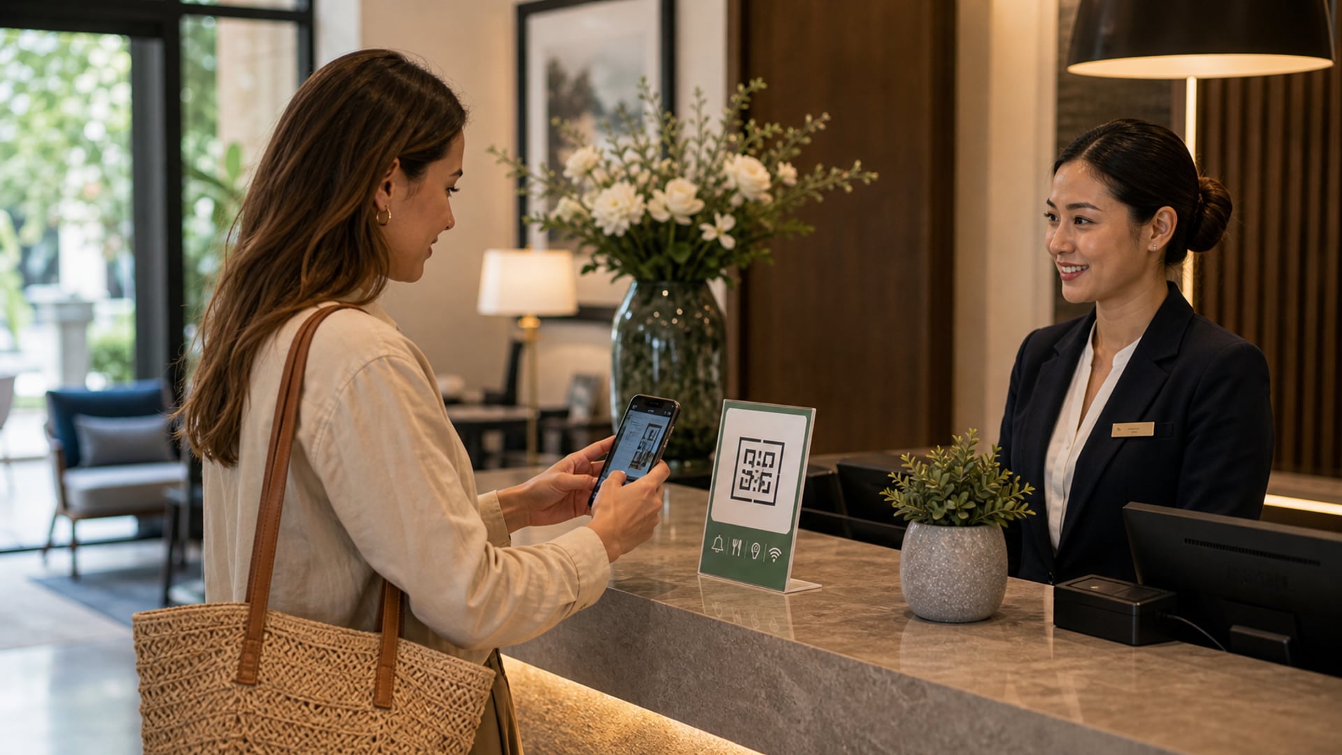 Gość skanujący kod QR na recepcji hotelu boutique