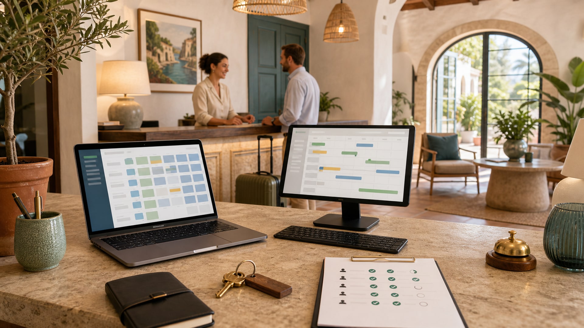Personal de hotel demostrando software PMS en la nube a huespedes