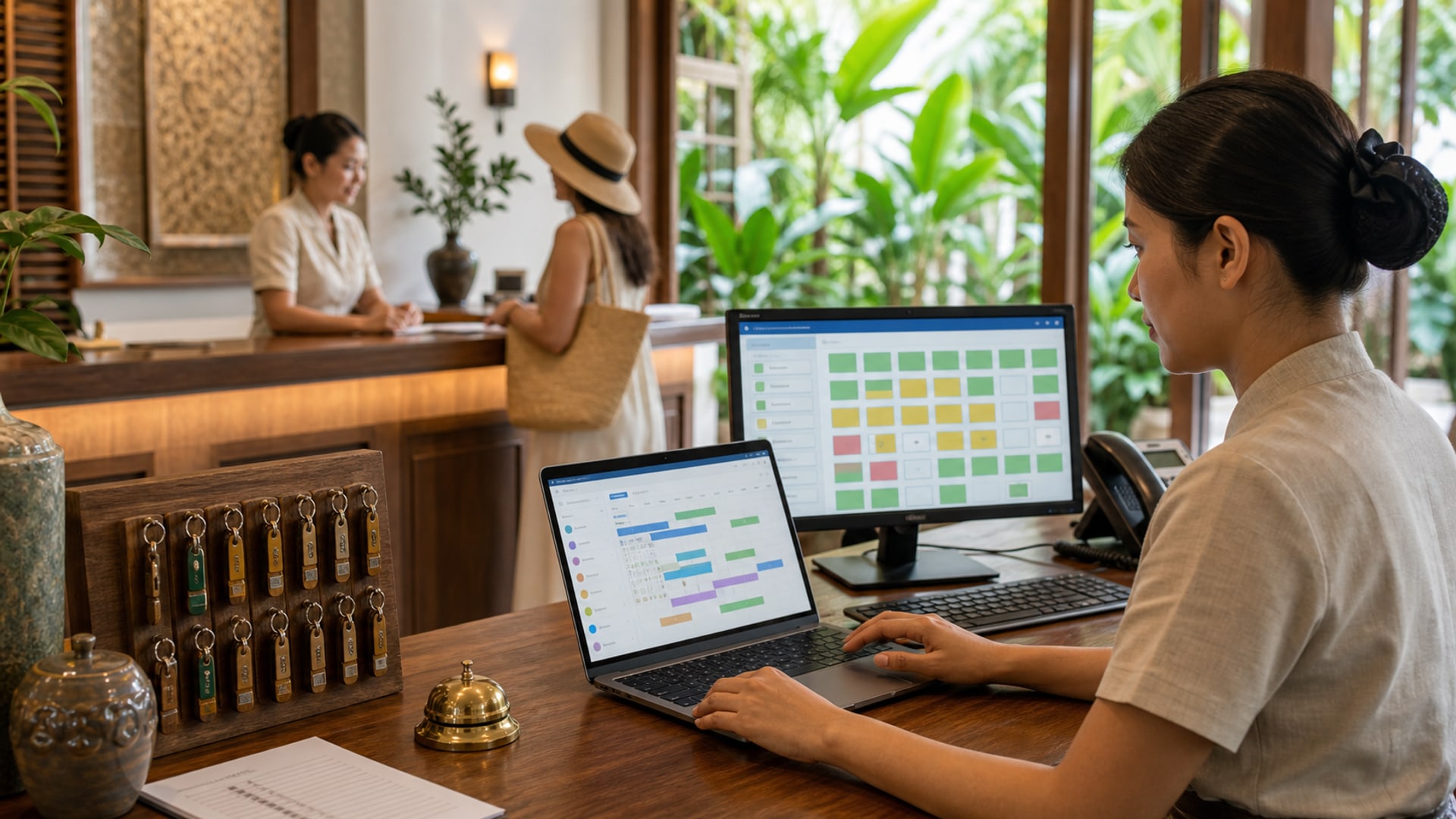พนักงานโรงแรมสาธิตซอฟต์แวร์ Cloud PMS ให้แขกดู