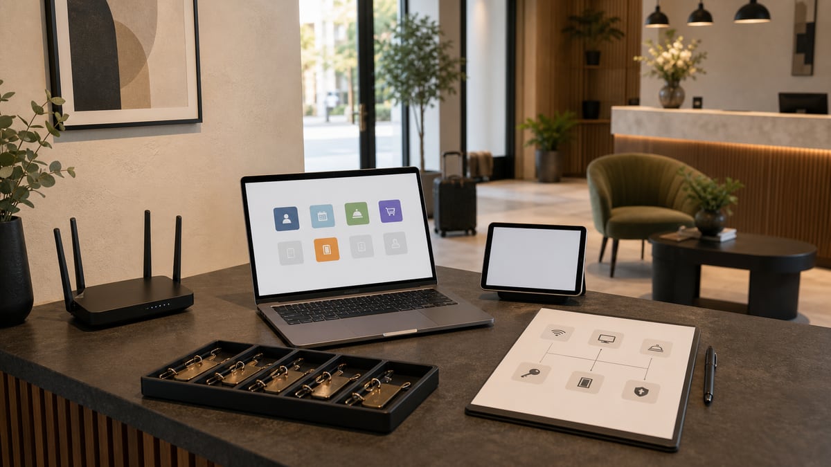 Neue Hotellobby mit modernen Technologiesystemen bereit zur Eröffnung