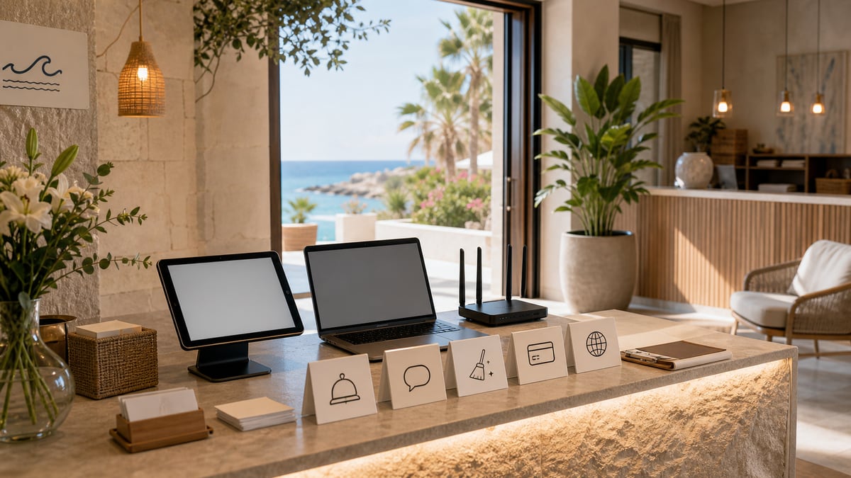 Lobby de hotel nuevo con sistemas tecnologicos modernos listos para la apertura