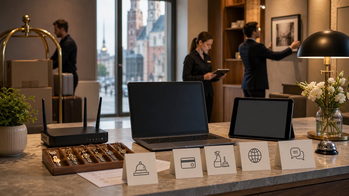 Lobby nowego hotelu z nowoczesnymi systemami technologicznymi gotowymi na otwarcie