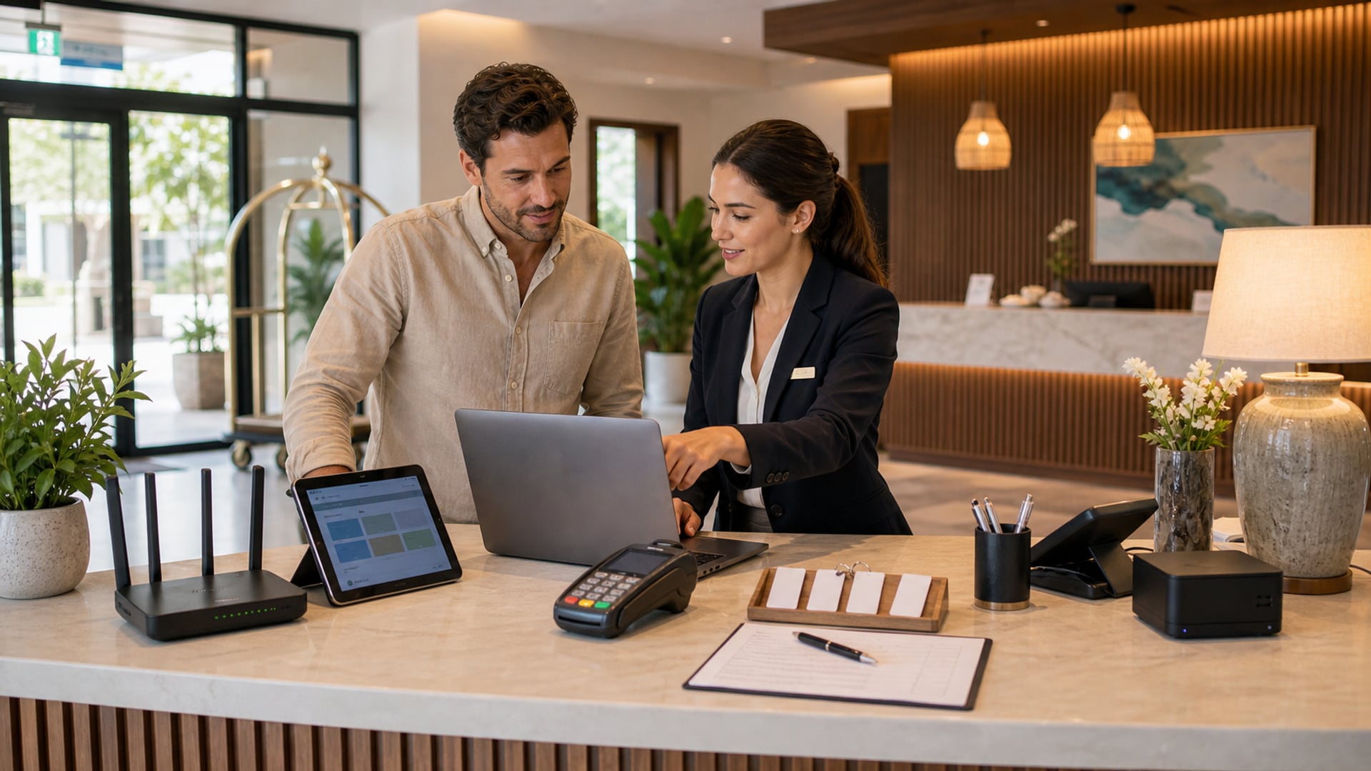 Neue Hotellobby mit modernen Technologiesystemen bereit zur Eröffnung