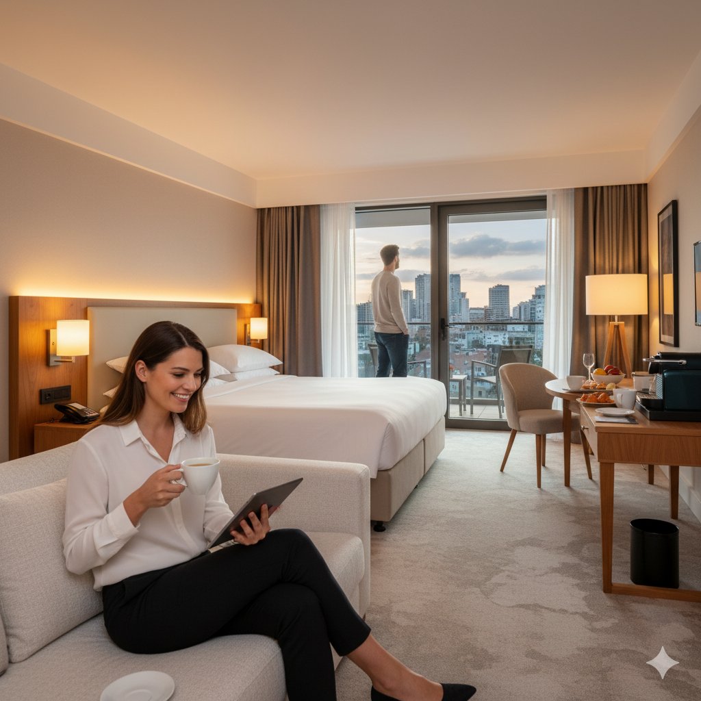 Hotel guest using tablet for QR-based services in room