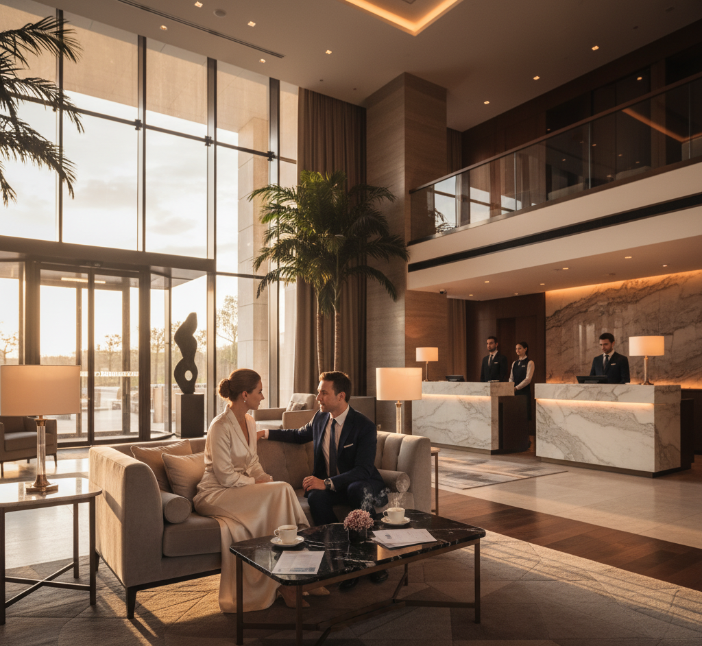 Boutique hotel lobby with modern technology integration