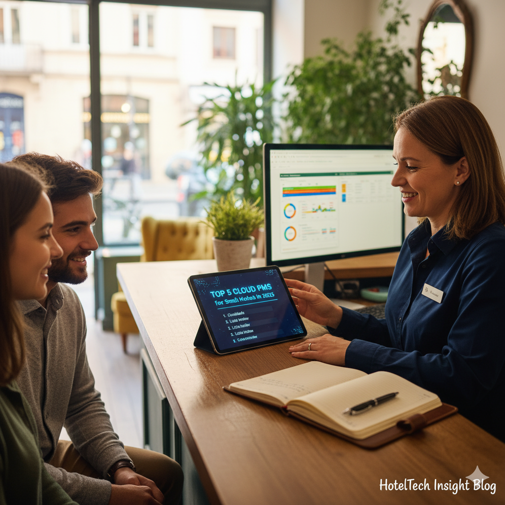 Hotel staff demonstrating cloud PMS software to guests